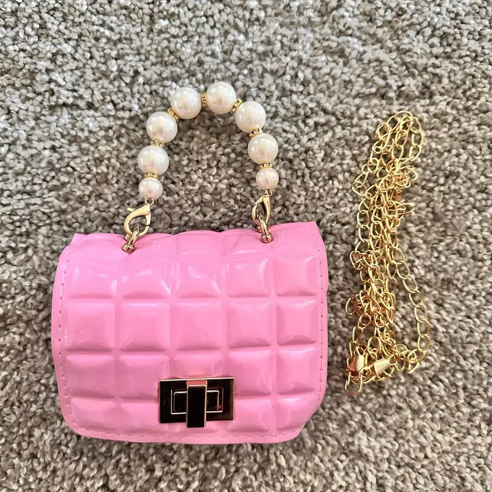 Pink Purse Textured Faux Pearl Decor Square Bag Gold Chain NEW